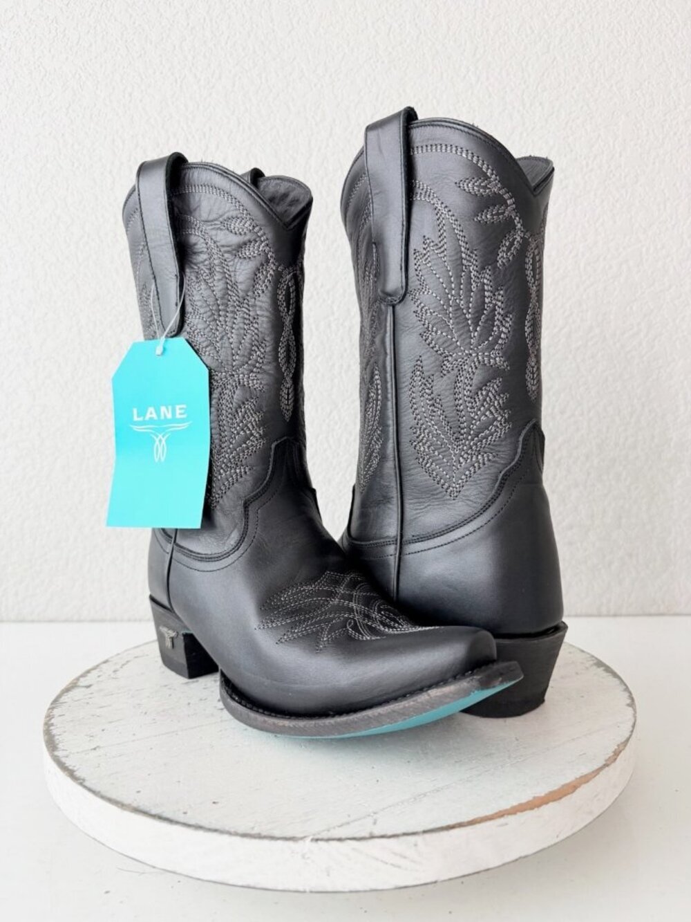 Lane SANDAGA Midi Black Cowboy Boots Cowgirl Western Mid Calf Snip Toe Size 7 - Picture 11 of 11